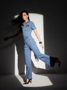 Miss Chase - Women Blue Flared High Rise Regular Stretchable Denim Jumpsuit