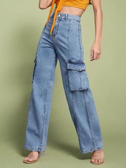 Miss Chase - Women's Blue Wide-Leg High-Rise Clean-Look Patch-Pocketed Denim Jeans