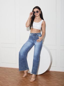 Miss Chase - Women's Light Blue Wide-Leg High-Rise Denim Jeans