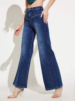 Miss Chase - Women's Blue High Rise Denim Wide-Leg Jeans