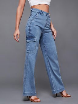 Miss Chase - Women's Light Blue Wide-Leg High-Rise Denim Jeans