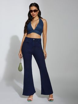 Miss Chase - Women's Navy Blue Bootcut High Rise Denim Jeans