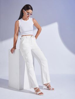 Miss Chase - Women's White Wide Leg High Rise Denim Jeans with Belt