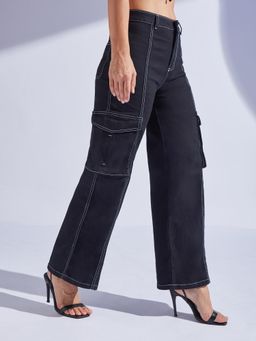 Miss Chase - Women's Black Wide-Leg High-Rise Denim Jeans