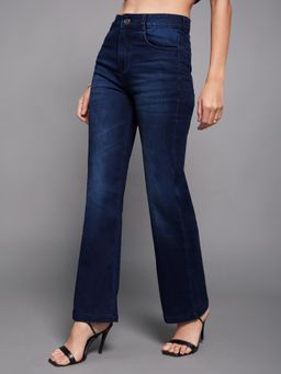 Miss Chase - Women's Navy Blue Wide Leg Mid Rise Denim Jeans