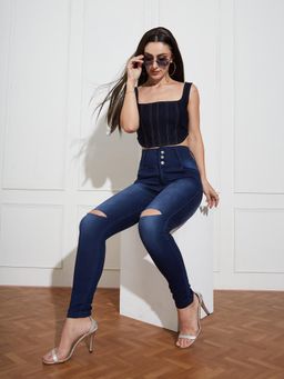 Miss Chase - Women's Navy Blue Skinny Fit High Rise High Waist Denim Jeans