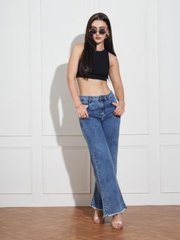Miss Chase - Women's Mid-Blue Wide-Leg High Rise Denim Jeans