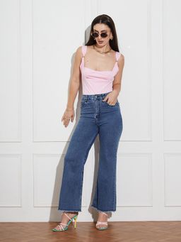 Miss Chase - Women's Navy-Blue Wide-Leg High Rise Denim Jeans