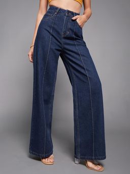 Miss Chase - Women's Navy Blue Wide-Leg High-Rise Denim Jeans