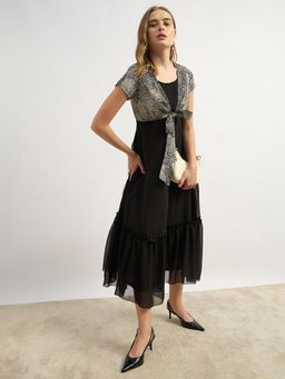 Miss Chase - Womens Black Tapered Short Sleeve Animal Tie-Up Dress