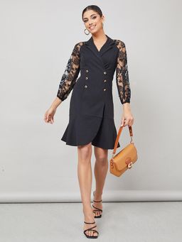 Miss Chase - Womens Black Notch Collared Solid Ruffled Mini Dress