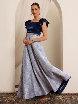 Miss Chase - Luxe Womens Navy Blue White Square Neck Ruffled Floral Dress