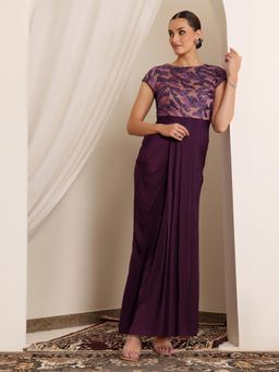 Miss Chase - Luxe Women's Luxe Pleated Satin Ethnic Gown Purple with Embellishments