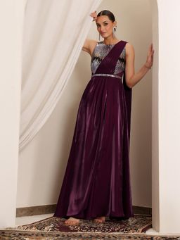 Miss Chase - Luxe Women's Round Neck Gown in Dark Purple with Embellished Satin Layers