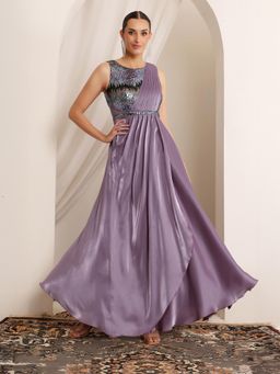 Miss Chase - Luxe Women's Embellished Dusty Purple Gown in Premium Layered Satin