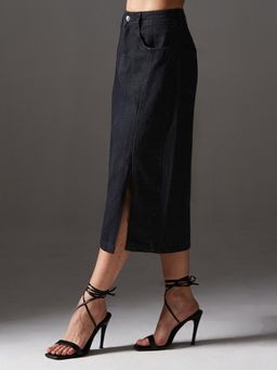 Miss Chase - Women Black Straight-Fit High-Rise Stretchable Denim Midi Skirt