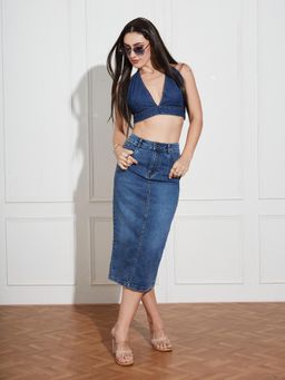 Miss Chase - Women Dark Blue High Rise Clean Look Stretchable Denim Bodycon Midi Skirt