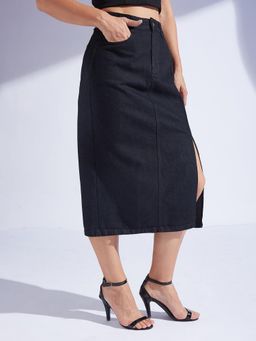 Miss Chase - Women Black Straight-Fit High-Rise Stretchable Denim Midi Skirt