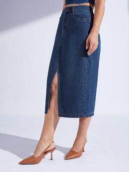 Miss Chase - Women Dark Blue A-Line High-Rise Non-stretchable Denim Midi Skirt