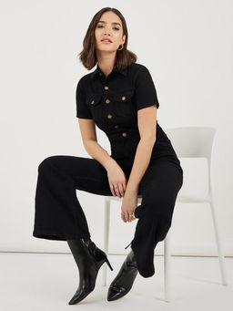 Miss Chase - Women Black Flared High Rise Regular Stretchable Denim Jumpsuit
