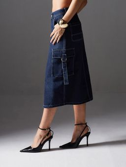 Miss Chase - Women Navy Blue Straight High Rise Clean Look Midi Denim Skirt