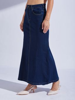 Miss Chase - Women Dark Blue Flared High-Rise Clean-Look Stretchable Denim Maxi Skirt