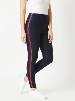 Miss Chase - Women Navy Blue Solid Knitted Skinny High Waist Jeggings