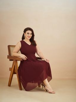 Miss Chase - A+ Curve Collection Plus Size Women's Wine Red Solid High-Low Skater Dress