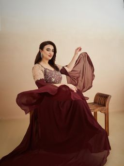 Miss Chase - A+ Curve Collection Plus Size Women's Wine Flared Fit & Flare Maxi Dress