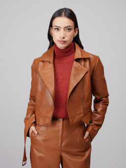 Twenty Dresses by Nykaa Fashion - Copper Solid Faux Leather Crop Jacket With Belt