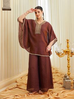 MOKOSH - Womens Silk Embroidered Work Kaftan With Spaghetti Blouse And Palazzo Brown