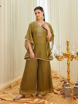 MOKOSH - Womens Silk Embroidered Work Kaftan With Spaghetti Blouse And Palazzo Green