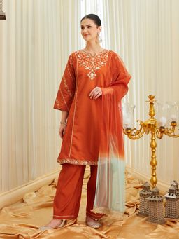 MOKOSH - Womens Silk Embroidered Anarkali Kurta And Pant With Dupatta Orange