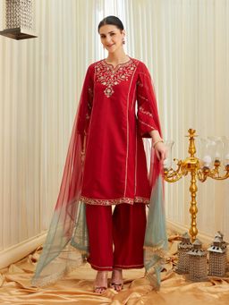 MOKOSH - Womens Silk Embroidered Anarkali Kurta And Pant With Dupatta Red