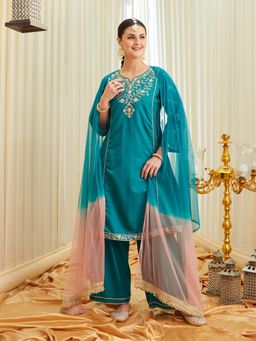MOKOSH - Womens Silk Embroidered Anarkali Kurta And Pant With Dupatta Blue