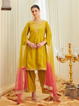MOKOSH - Womens Silk Embroidered Anarkali Kurta And Pant With Dupatta Mustard