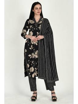 Rajnandini - Womens Cotton Blend Jaipuri Printed Kurta And Pant With Dupatta Black