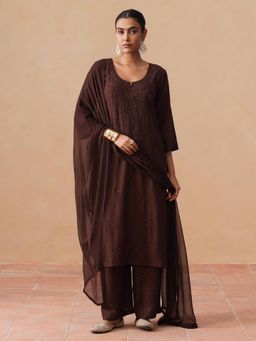 Sazrika - Coffee Brown Rayon Chikankari Embroidered Stylish Kurta and Pant with Dupatta
