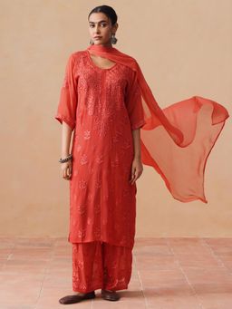 Sazrika - Coral Red Rayon Chikankari Embroidered Stylish Kurta and Pant with Dupatta