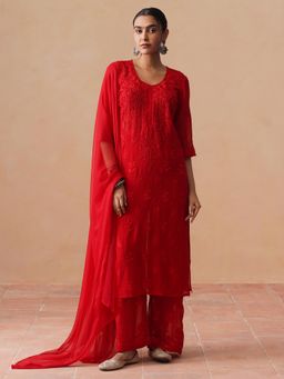 Sazrika - Red Rayon Chikankari Embroidered Stylish Kurta and Pant with Dupatta