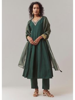 KALKI FASHION - Green Sequin Embellished Silk Anarkali Kurta With Pant & Dupatta