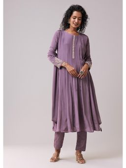 KALKI FASHION - Purple Moti Work Cotton Silk Embroidered Anarkali Kurta With Pant & Dupatta