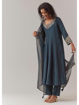 KALKI FASHION - Navy Blue Zardozi Embellished Anarkali Kurta With Pant & Dupatta