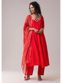 KALKI FASHION - Red Silk Cutdana Work Anarkali Kurta With Pant & Dupatta