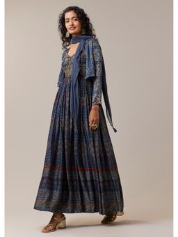KALKI FASHION - Blue Hand Dyed Ajrakh Jacket And Gown With Scarf