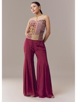 KALKI FASHION - Wine Corset Crop Top And Pants With Thread And Sequins Work