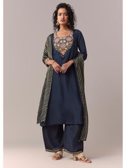 KALKI FASHION - Navy Blue Zardozi And Thread Kurta Pant With Dupatta