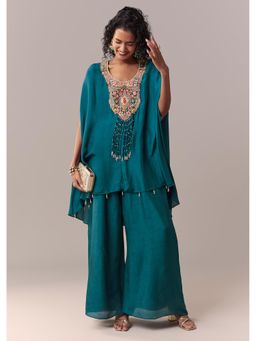 KALKI FASHION - Peacock Blue Silk Cape Top With Inner & Palazzo