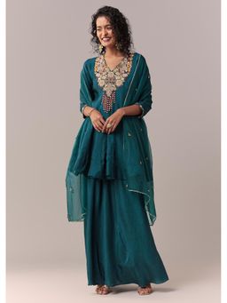 KALKI FASHION - Peacock Blue Zardozi And Thread Kurti Palazzo With Dupatta