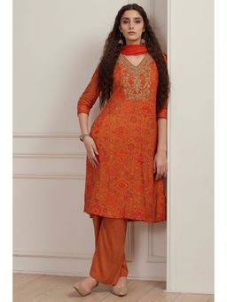 Biba - Women Orange Modal Printed Straight Kurta Pant With Dupatta
